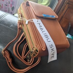 Malibu Skye Brown Crossbody Bag with Gold Zippers